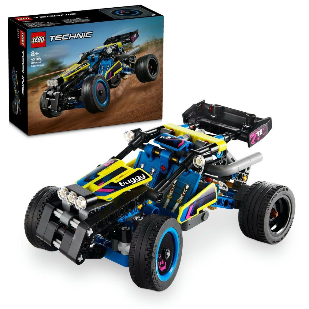 LEGO Technic buggy da corsa e confezione. Blu, giallo e nero. Età 8+. Scritte: LEGO Technic, 42164, Race Buggy.