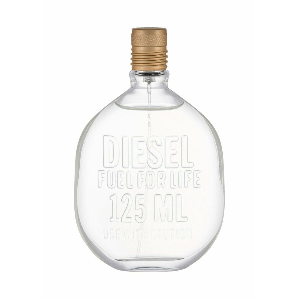Flacone rotondo e trasparente con tappo dorato. Scritta: DIESEL FUEL FOR LIFE 125 ML. Usare con cautela.
