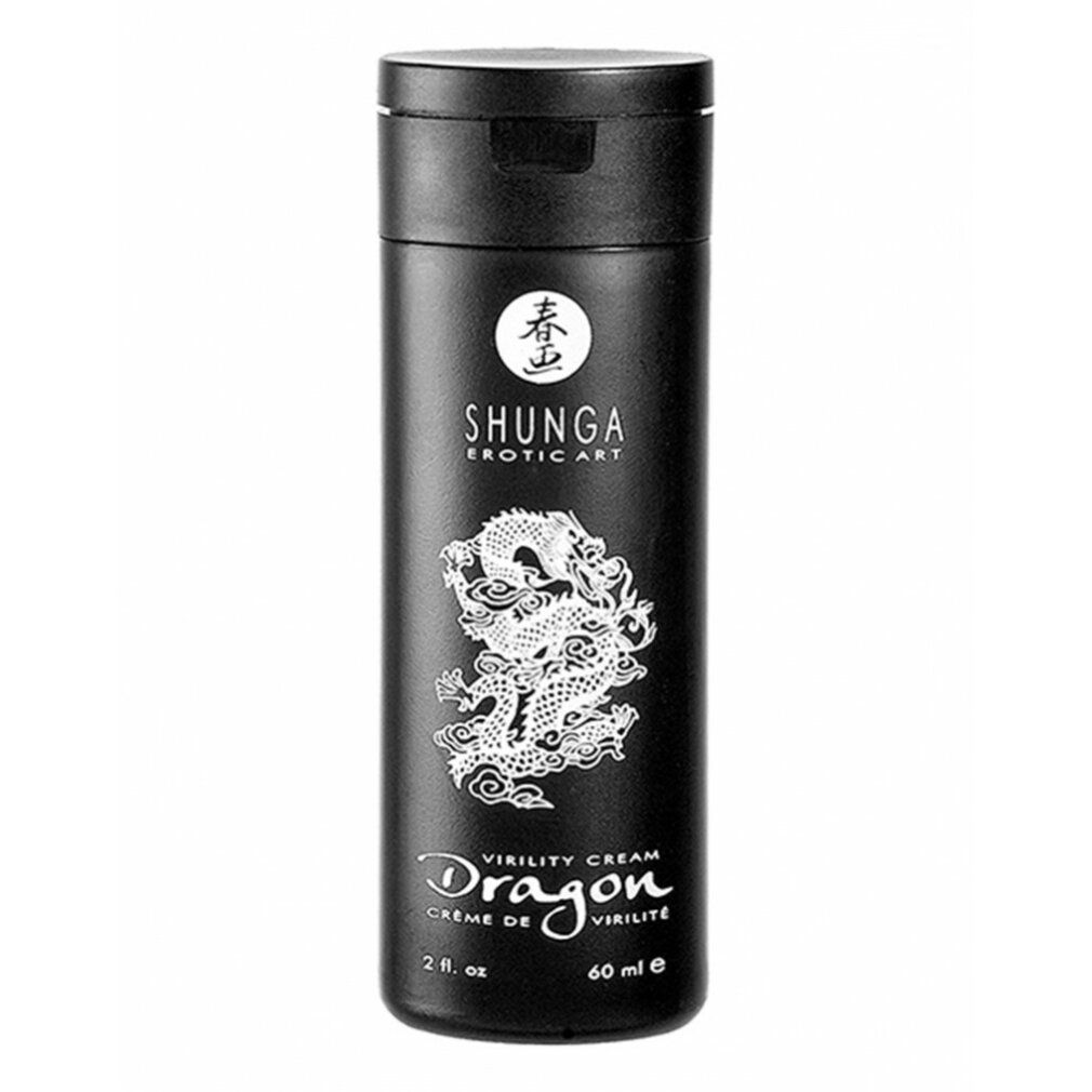 Flacone nero. Drago bianco, scritta Dragon, Crème de Virilité. In alto: logo. In basso: 60 ml.