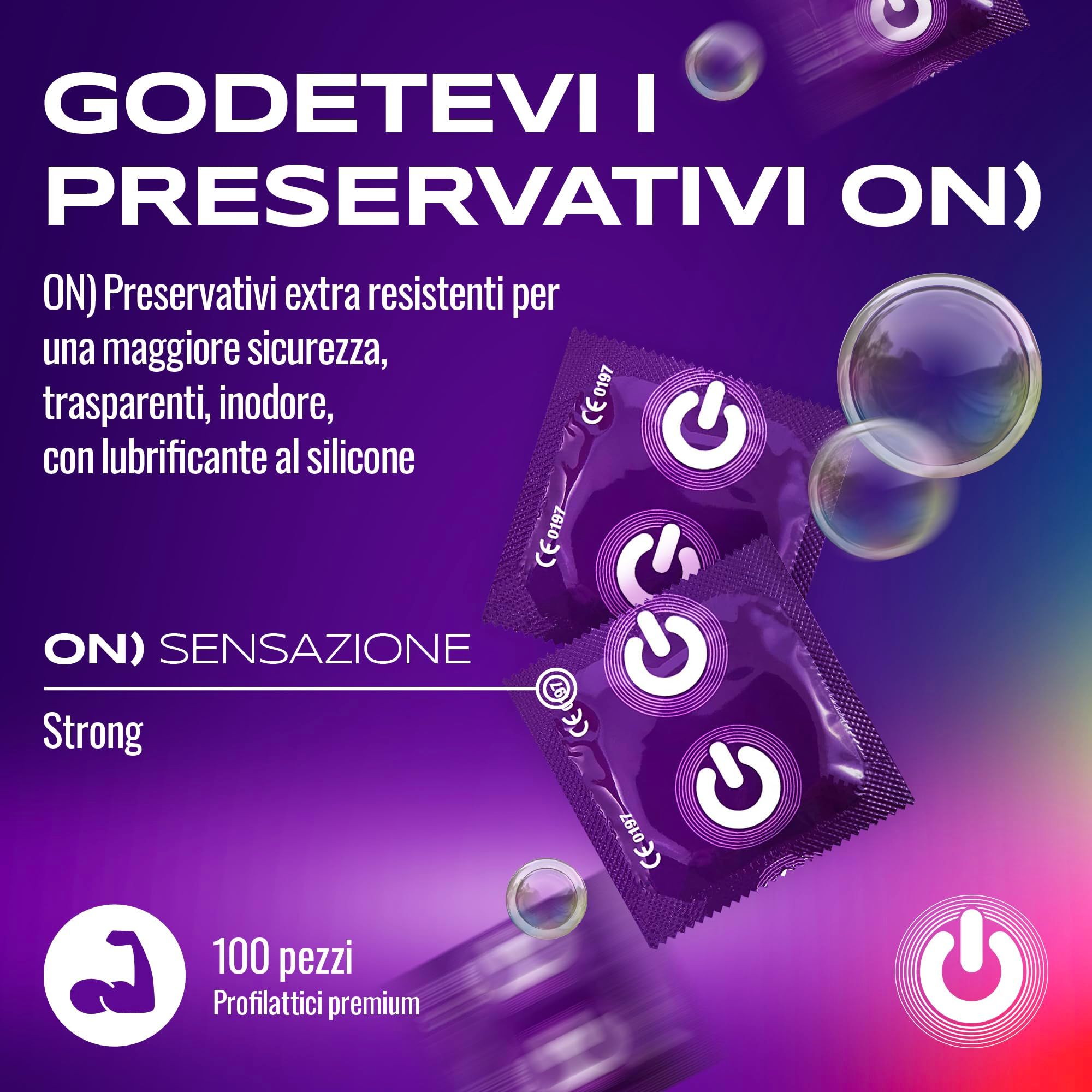 Preservativi ON) Strong: Trasparenti, extra spessi, con lubrificante al silicone. 100 pezzi.