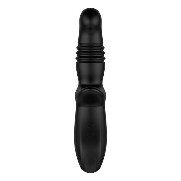 Prodotto benessere nero. Forma cilindrica con centro scanalato e punta arrotondata. Su sfondo bianco.