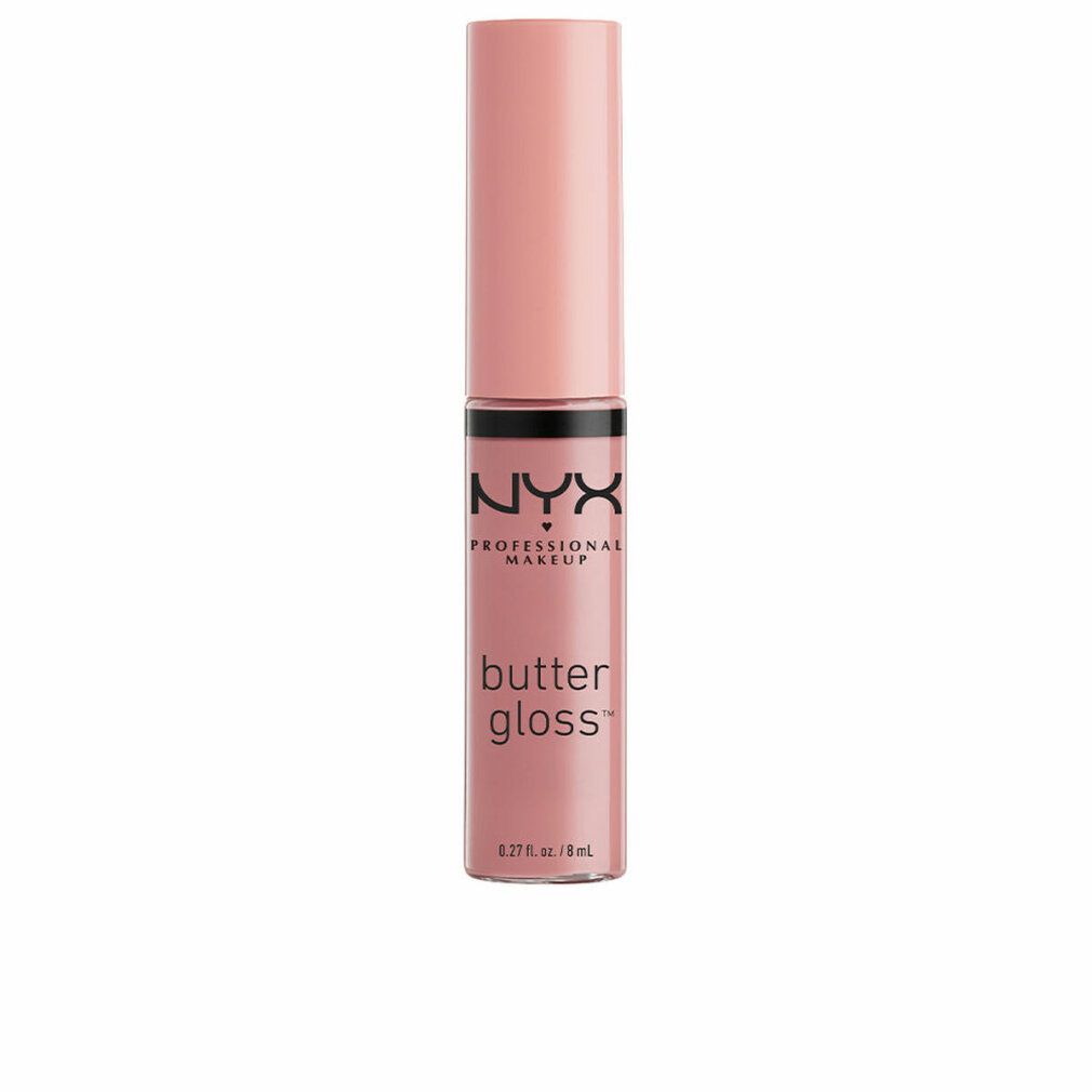 Lucidalabbra NYX Butter Gloss rosa. Flacone chiuso. Scritta: Butter Gloss, 8 ml.