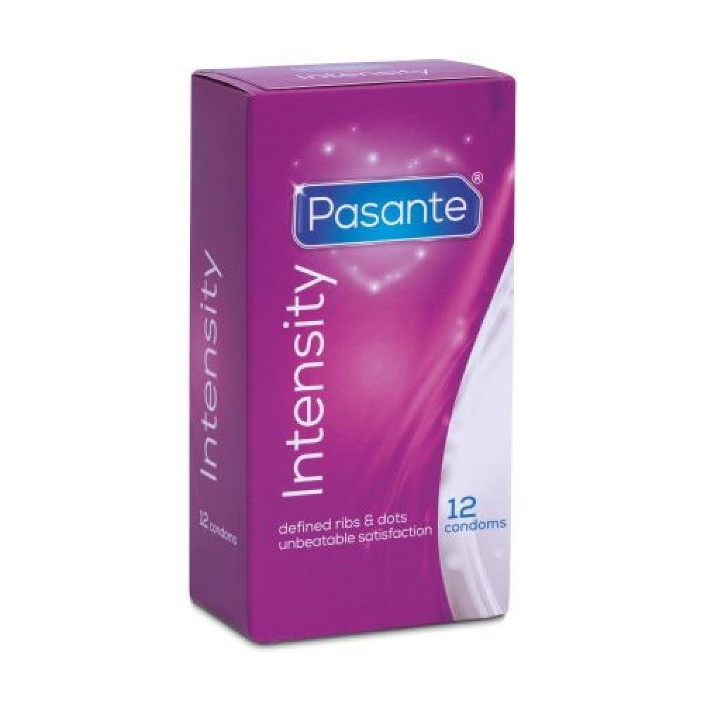 Confezione di preservativi Pasante Intensity. 12 profilattici con nervature e punti per maggiore sensibilità.