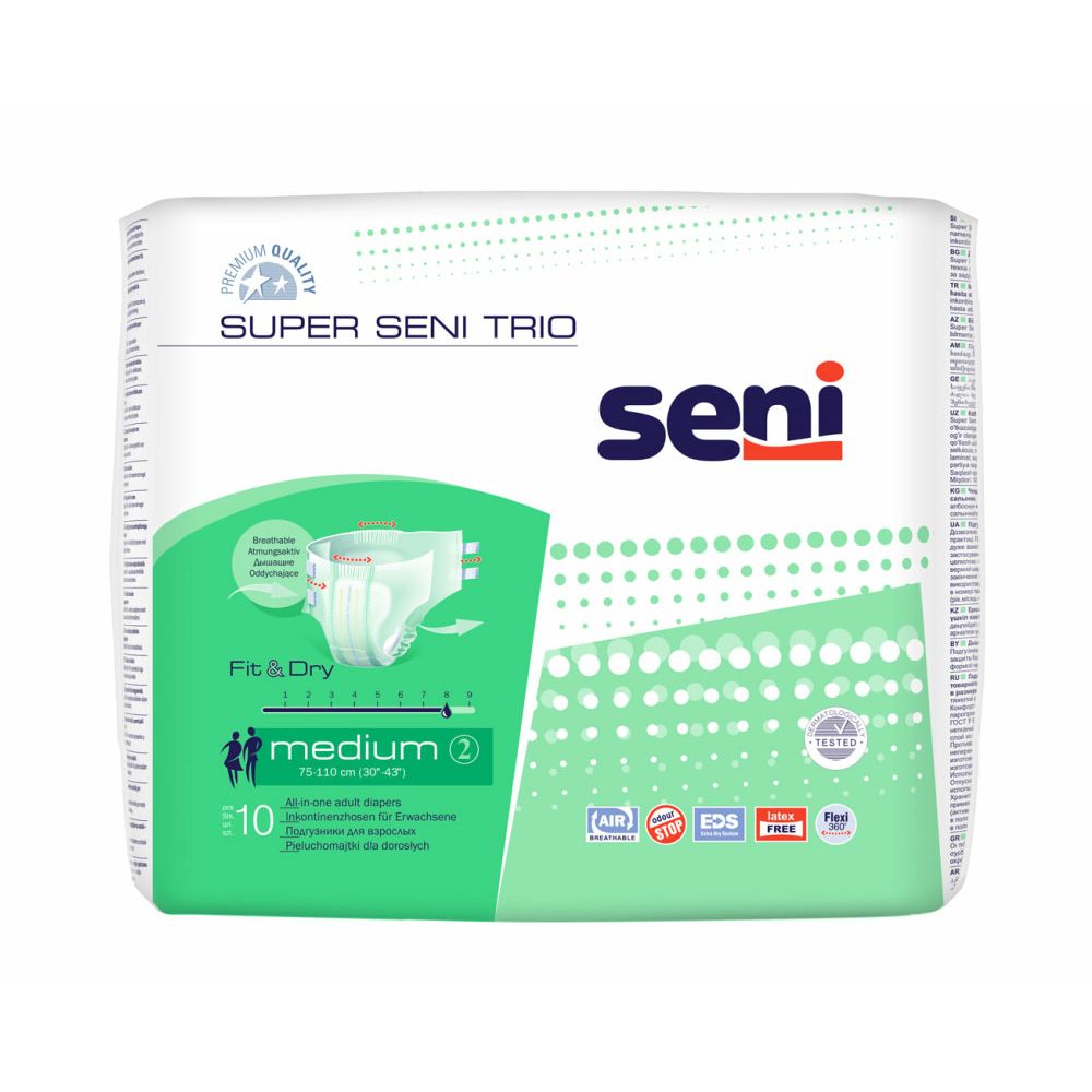 Confezione Super Seni Trio, bianca. Testo: Seni, Fit & Dry, medium, 10 pezzi. Illustrazione di un pannolino per incontinenza.