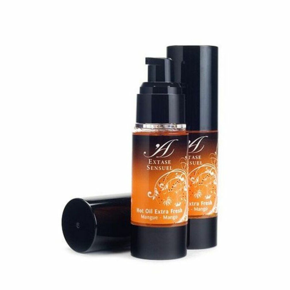 Due flaconi con etichetta. Scritta: Extase Sensuel, Hot Oil Extra Fresh, Mango. Tappi neri.