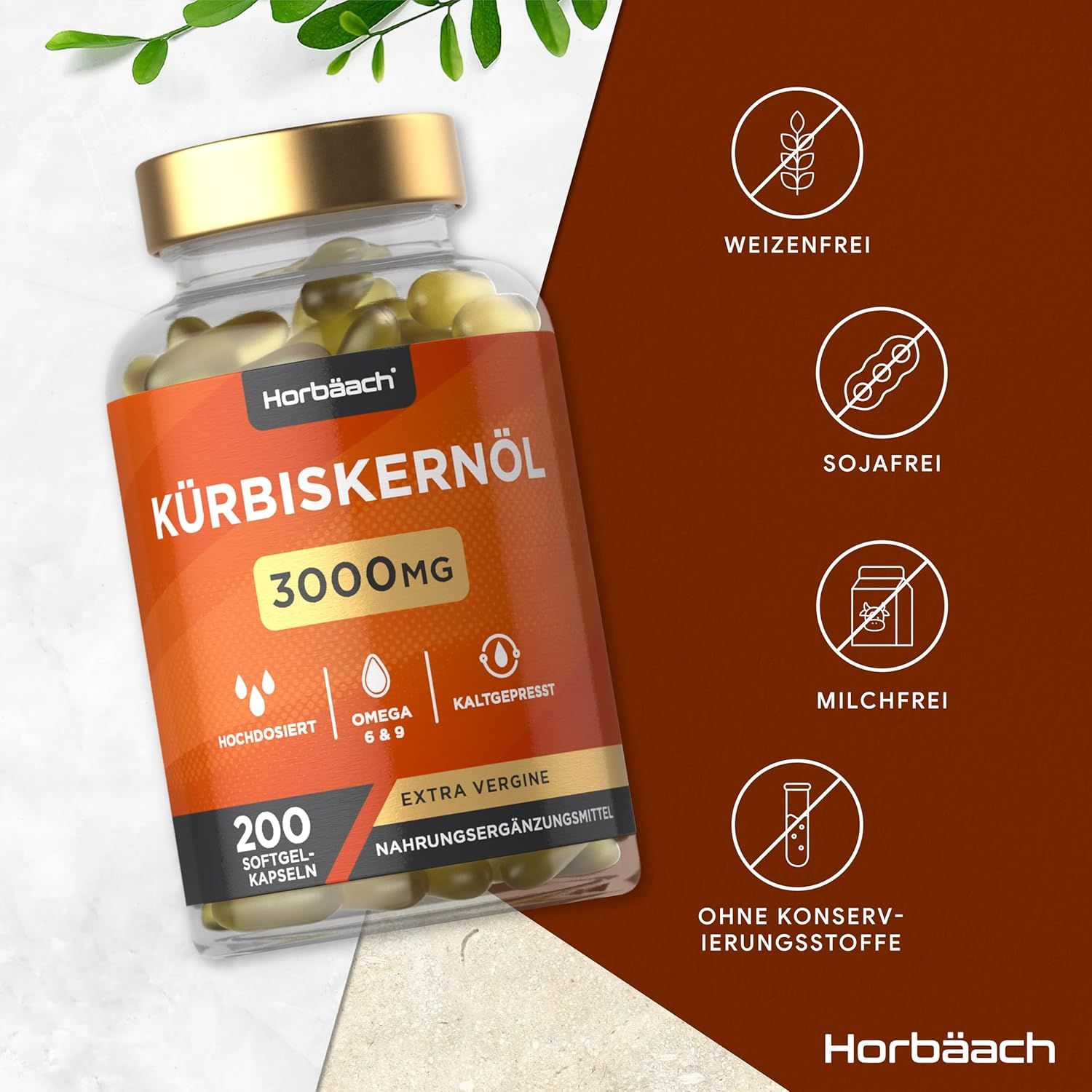 Flacone di capsule di olio di semi di zucca Horbaach. Etichetta con informazioni. Senza: glutine, soia, latte, conservanti.