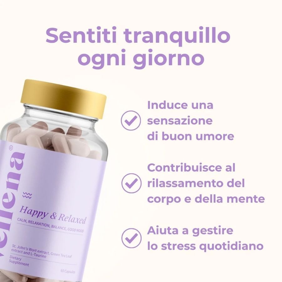 Flacone in vetro con capsule. Scritta: Vellena Happy & Relaxed. Vantaggi: Buona umore, rilassamento del corpo e della mente, aiuta a gestire lo stress quotidiano.