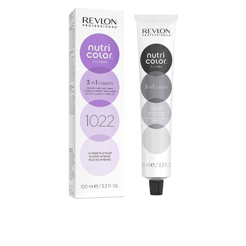 Maschera colorante per capelli in tubo e scatola. Scritta: Revlon, Nutri Color Filters, 3 in 1 cream, 1022. Tubo: 100 ml/3.3 Fl. Oz.