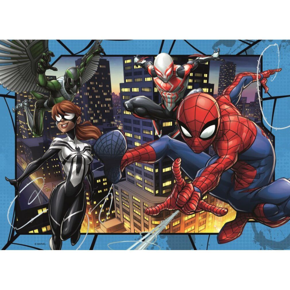Dettaglio puzzle Spider-Man. Spider-Man in azione. Altri personaggi. Sfondo urbano ed elementi blu.