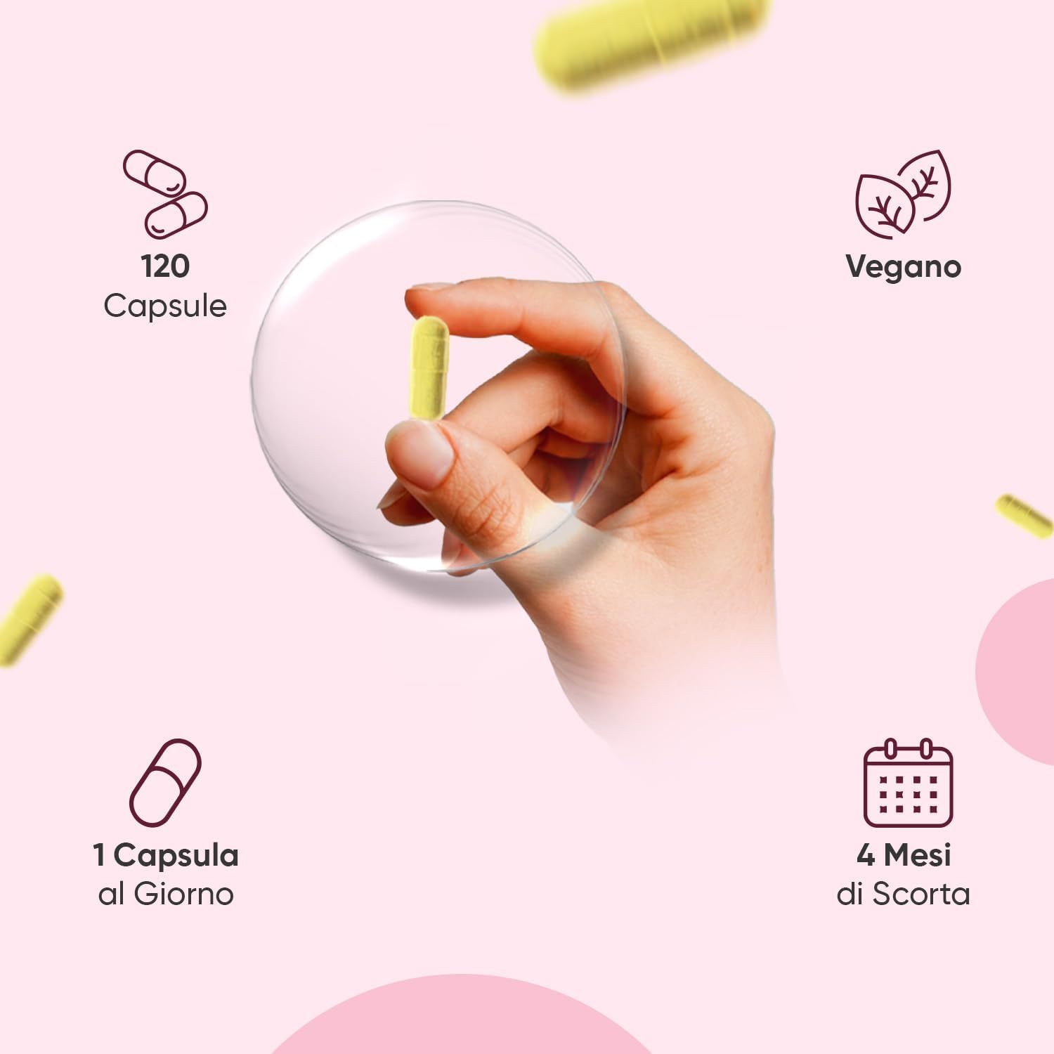 Mano con capsula. 120 capsule, 1 capsula al giorno, 4 mesi di scorta. Simboli: vegano.