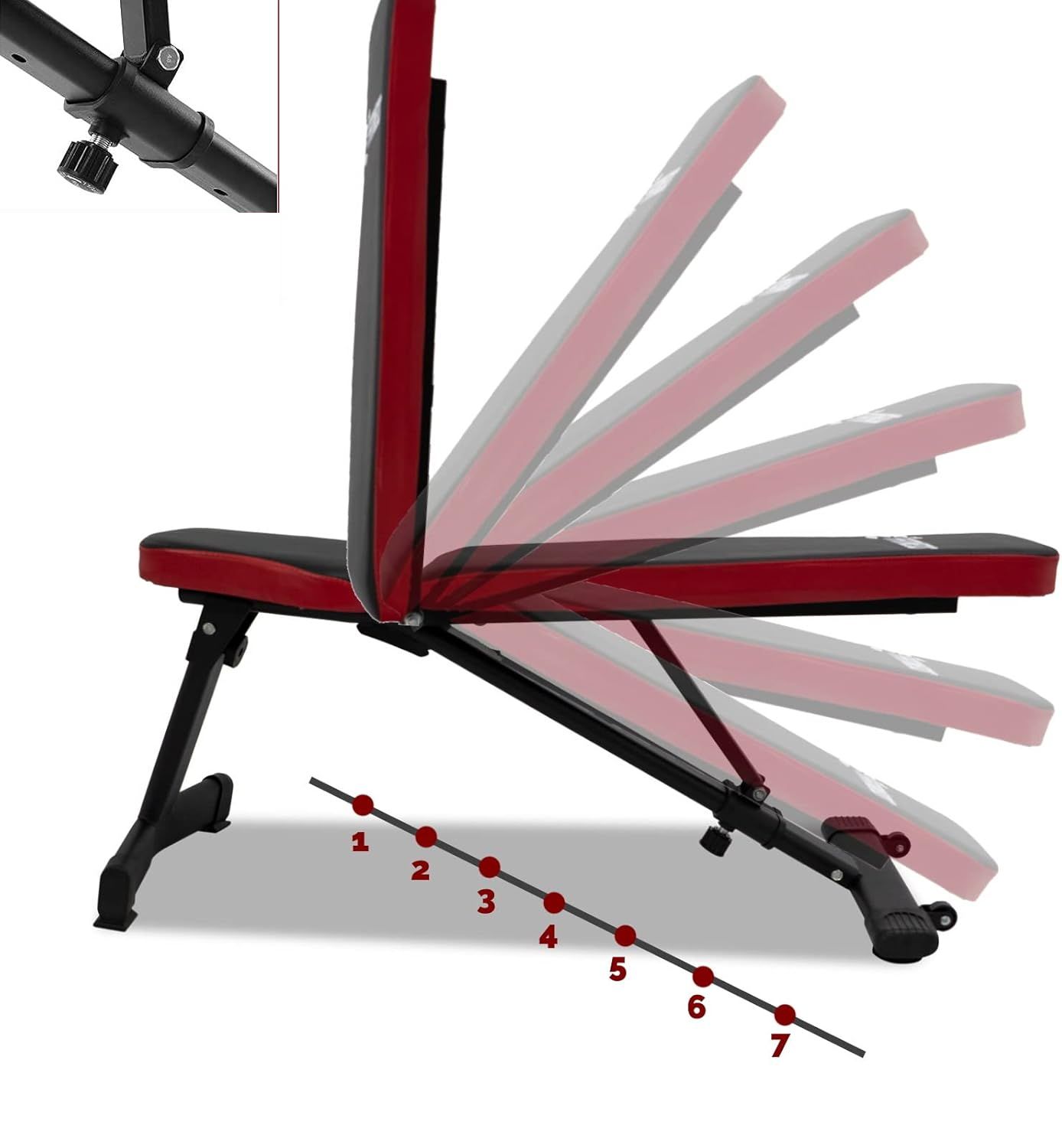 Panca fitness con schienale regolabile a 7 posizioni. Imbottitura rossa e nera. Struttura nera. Indicatore di regolazione.