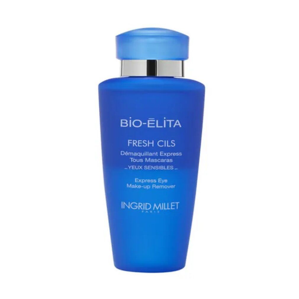 Flacone blu con tappo argentato. Scritte: BIO-ÉLITA, FRESH CILS, Express Eye Make-up Remover. Ingrid Millet.