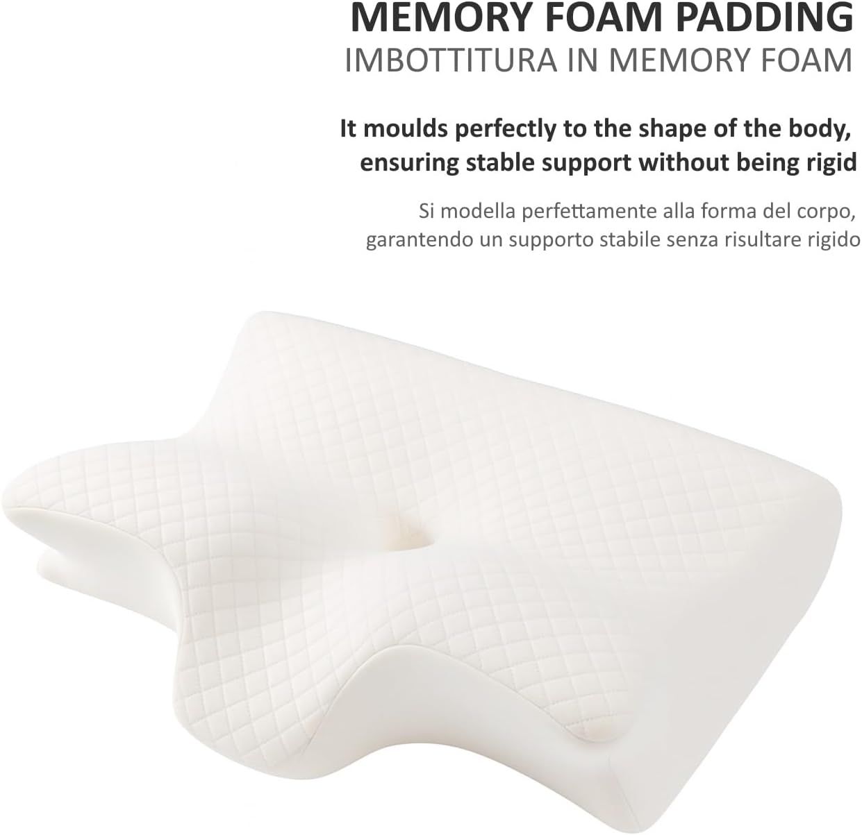 Cuscino ergonomico bianco a forma di onda. Presenta un incavo centrale e un motivo in rilievo.