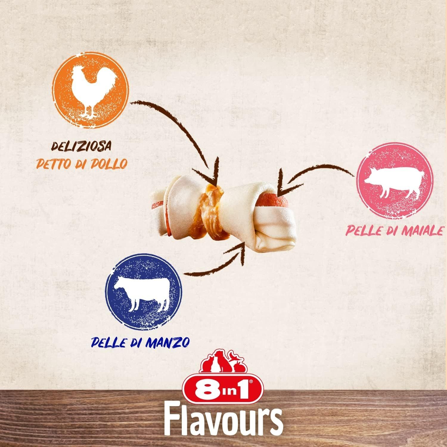 Snack masticabile con pelle di manzo, petto di pollo e pelle di maiale. "Delizioso petto di pollo", "Pelle di manzo", "Pelle di maiale".