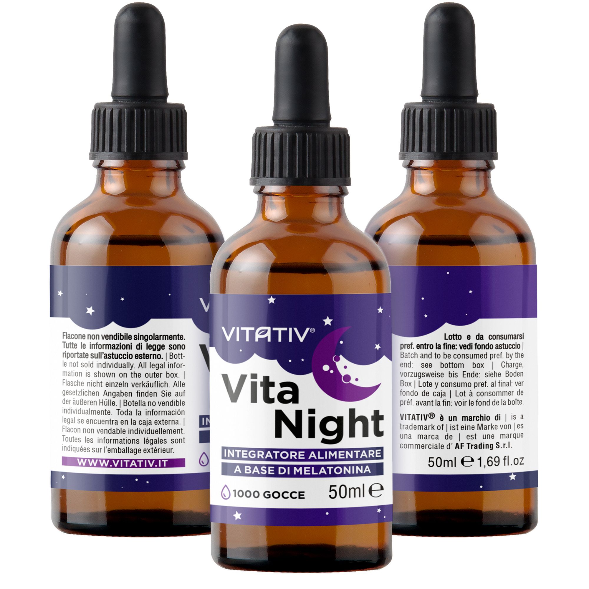 Tre flaconi con contagocce. Testo: Vita Night, melatonina. 1000 gocce, 50 ml. Non vendibile singolarmente.
