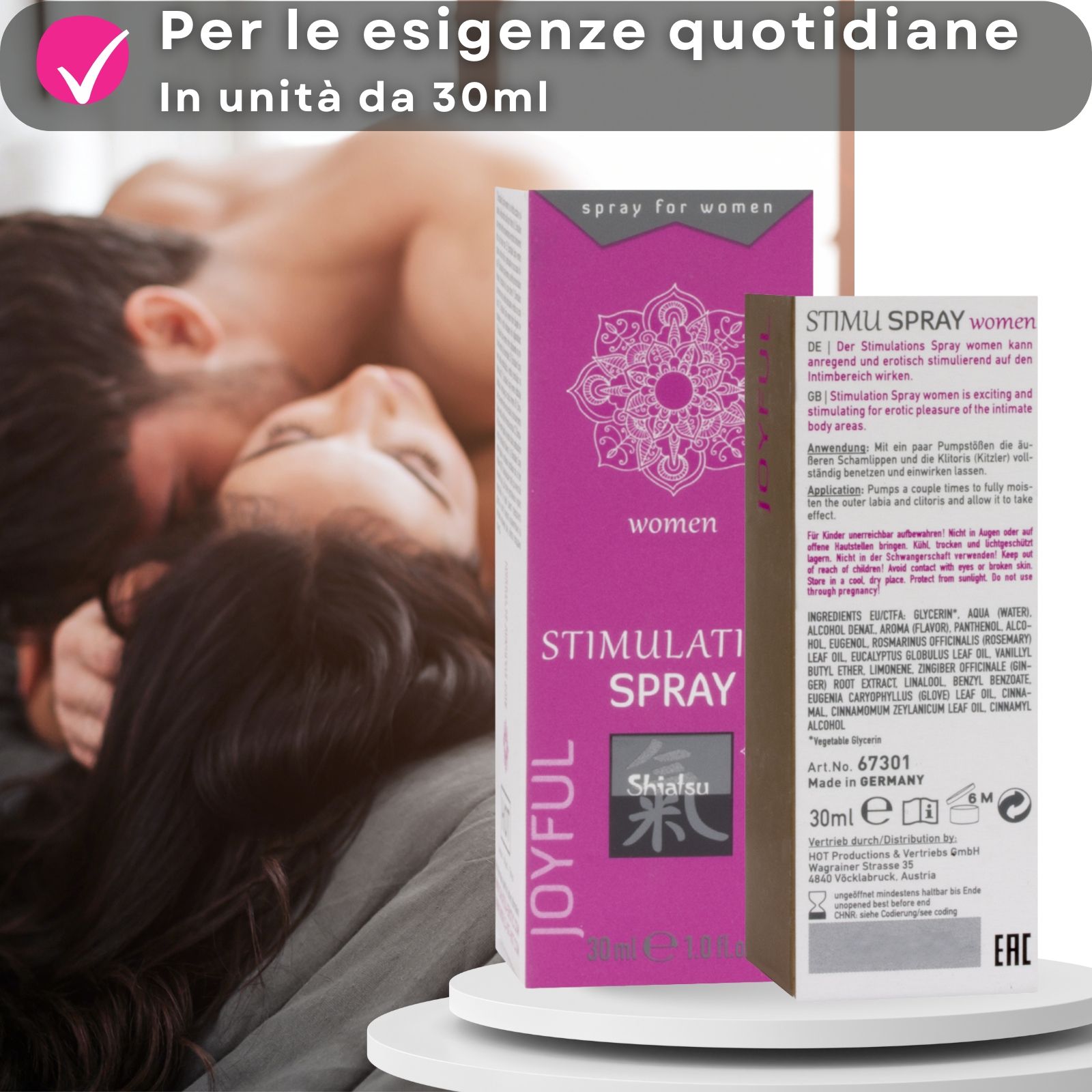 Confezione e flacone. Testo: Stimulation Spray, Shiatsu. Coppia sullo sfondo.