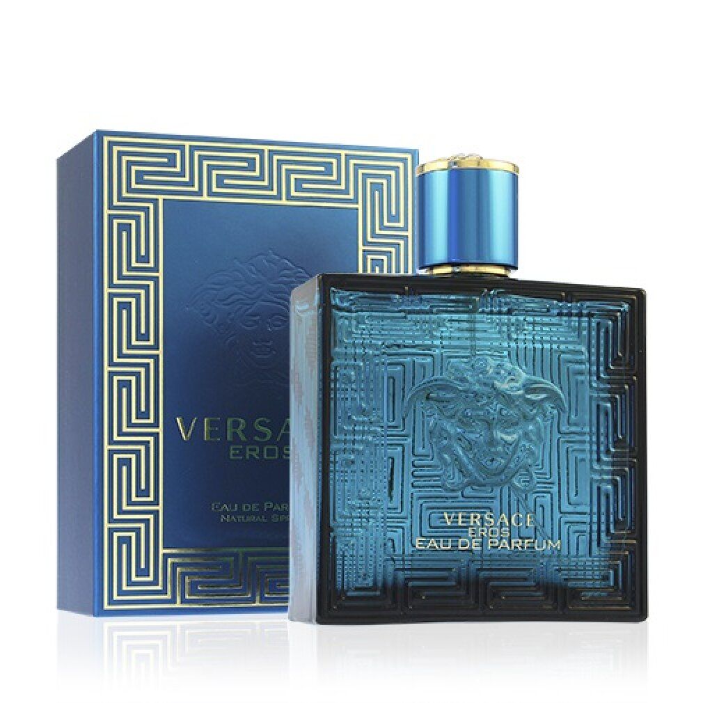 Flacone e scatola turchesi con decorazioni dorate. Scritta: Versace Eros Eau de Parfum.