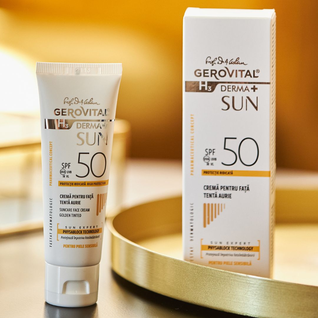Tubo e scatola di crema solare. Scritta: Gerovital H3 Derma+ Sun, SPF 50. Crema viso colorata.
