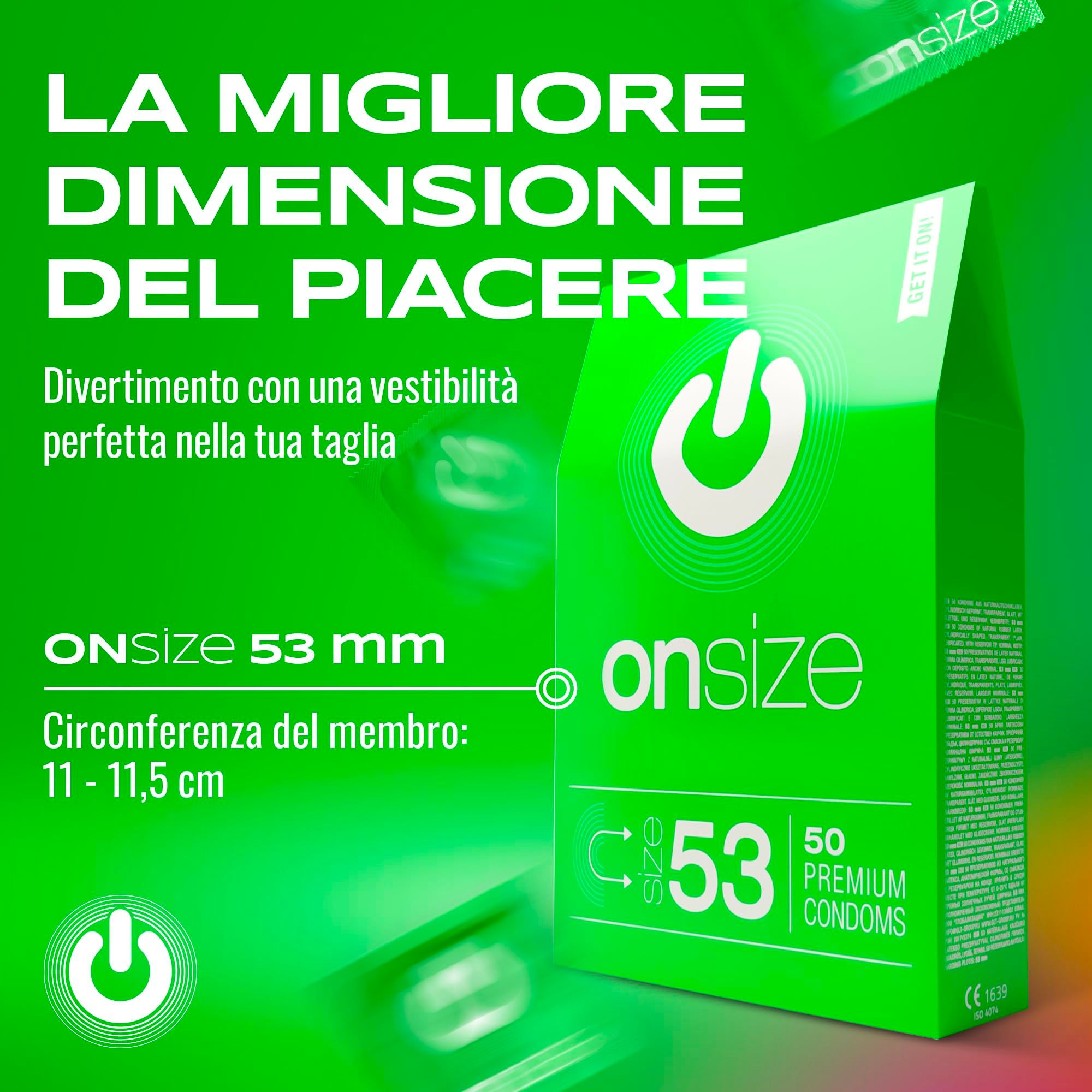 Confezione verde ONsize 53mm, 50 preservativi. Testo: 'La migliore dimensione del piacere'.