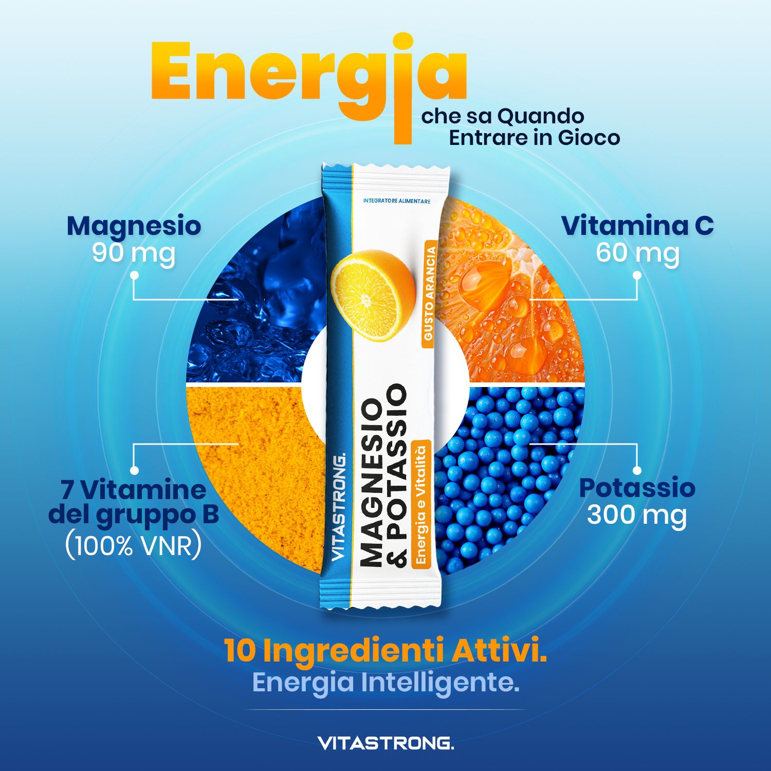 Stick Vitastrong Magnesio & Potassio con arancia. Testo: Energia. Con ingredienti e quantità. 10 ingredienti.