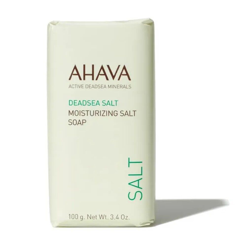 Sapone AHAVA DEADSEA SALT. Confezione rettangolare con testo verde. Peso netto: 100 g.