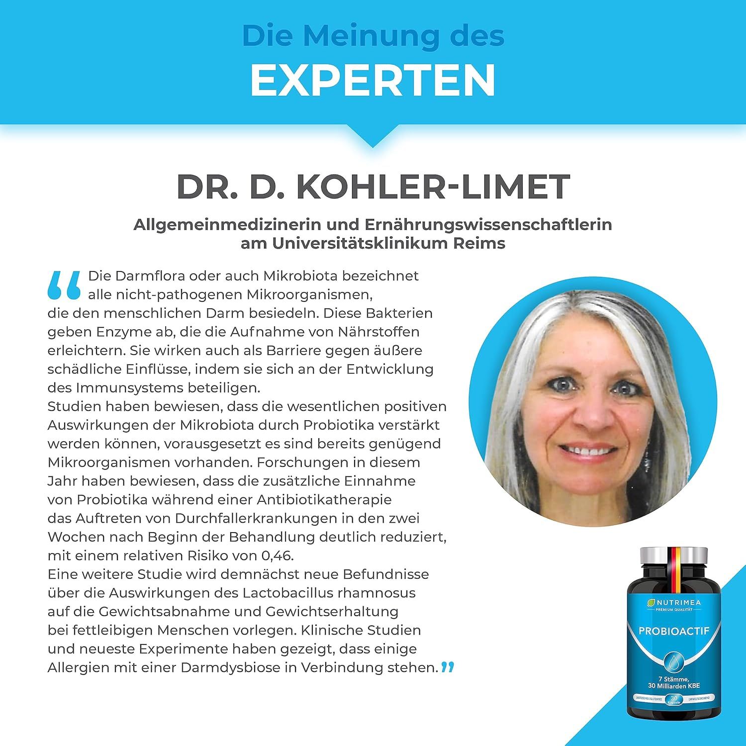 Ritratto di una donna. Citazione: flora intestinale e microrganismi. Flacone PROBIOACTIF sullo sfondo, con bandiera tedesca.