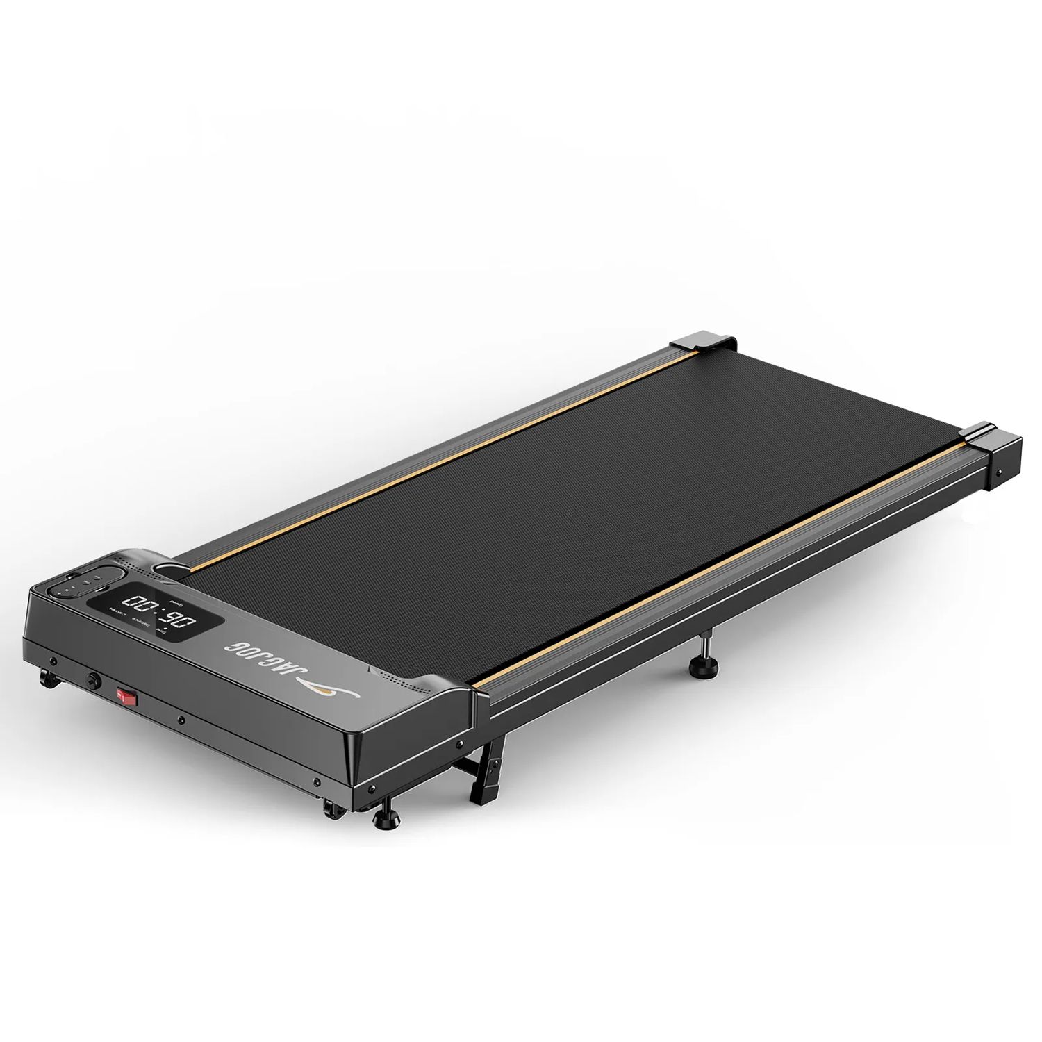 Tapis roulant nero con display LED. Design piatto, forma rettangolare. Dettagli grigi.