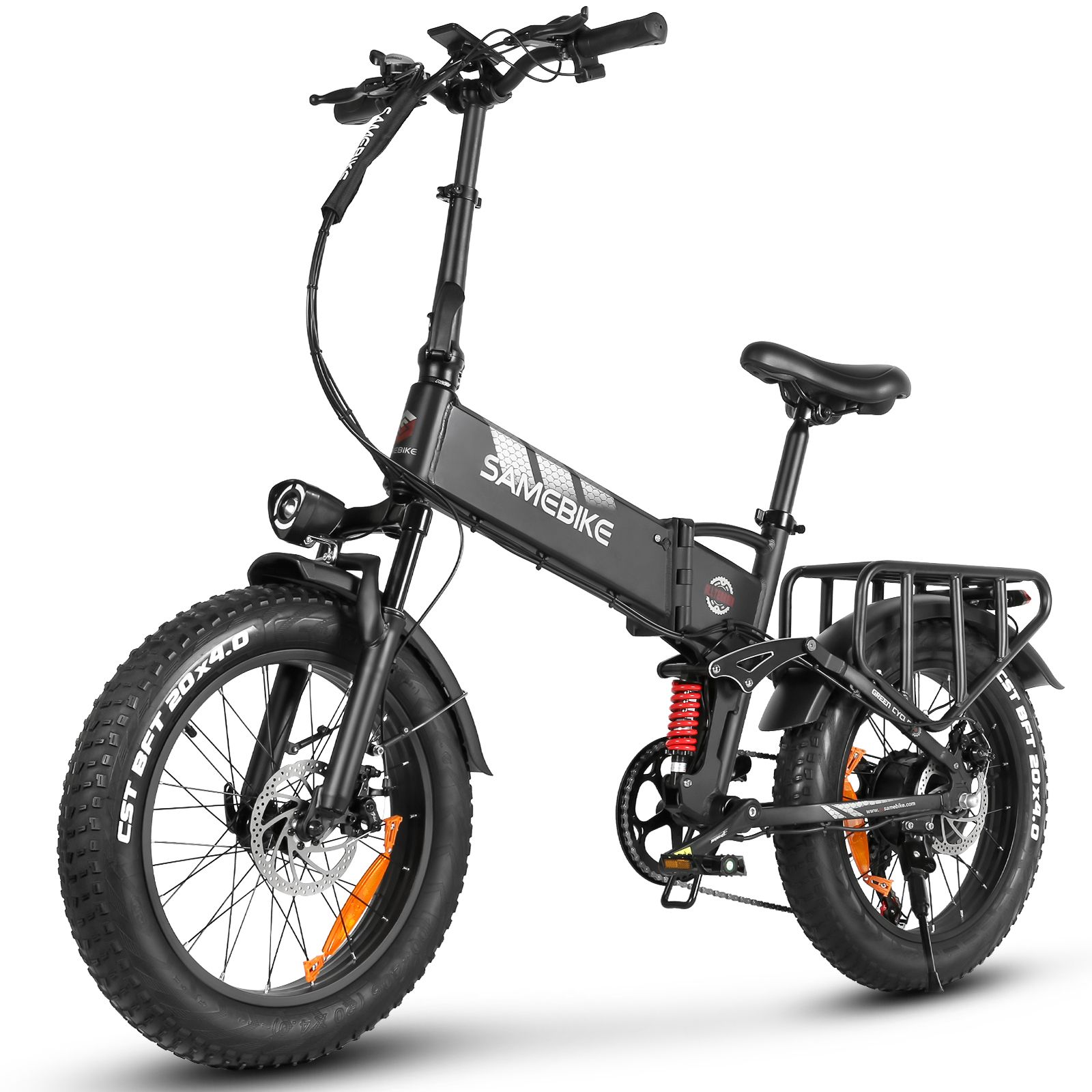 E-bike pieghevole nera. Pneumatici larghi, portapacchi, parafanghi. Marchio SAMEBIKE visibile. Con fanale e sospensioni.
