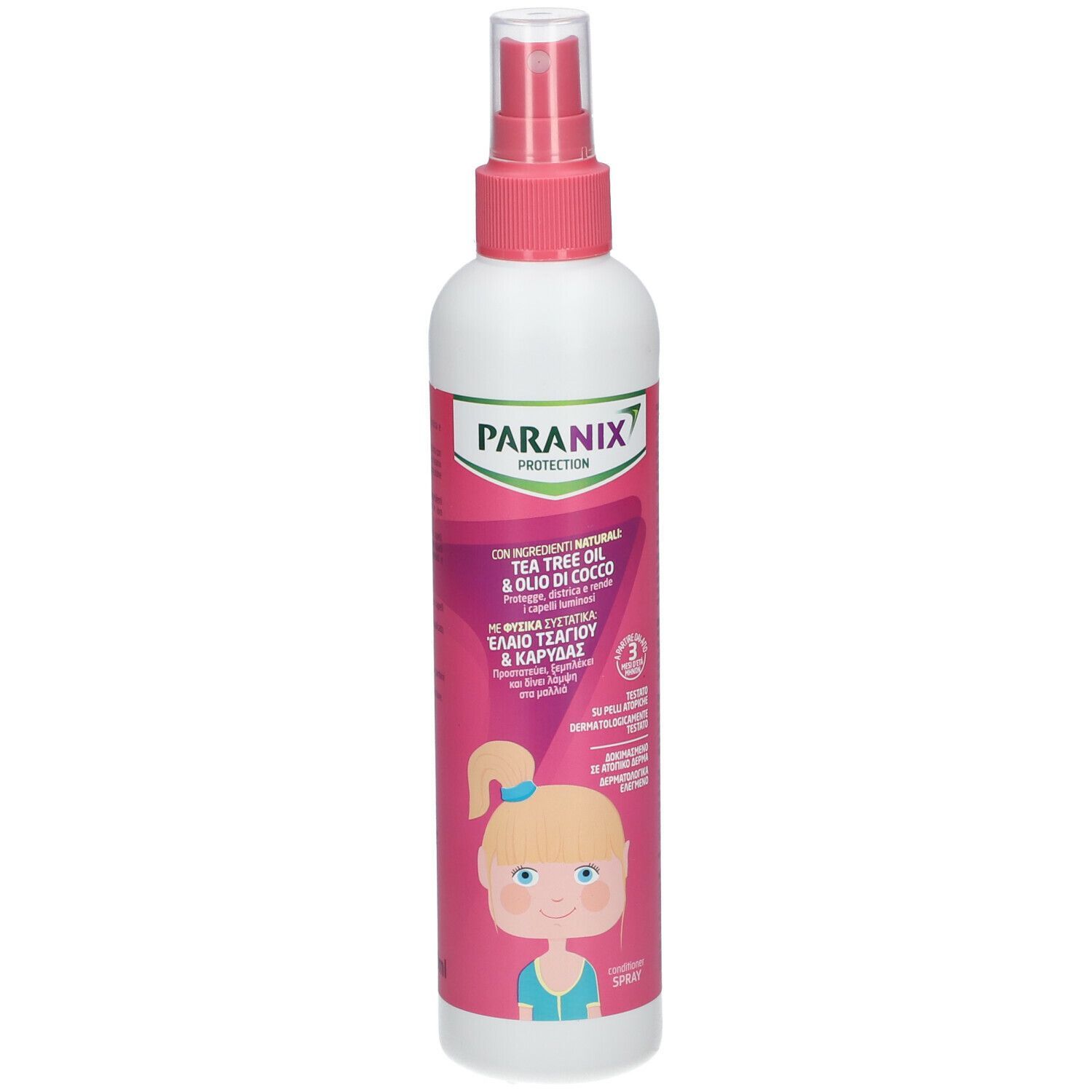 Flacone bianco con erogatore rosa. Logo PARANIX PROTECTION. Etichetta con illustrazione di una bambina.