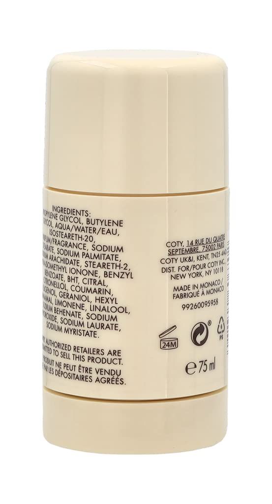 Retro dello stick deodorante. Colore beige, forma cilindrica. Contiene ingredienti e informazioni.