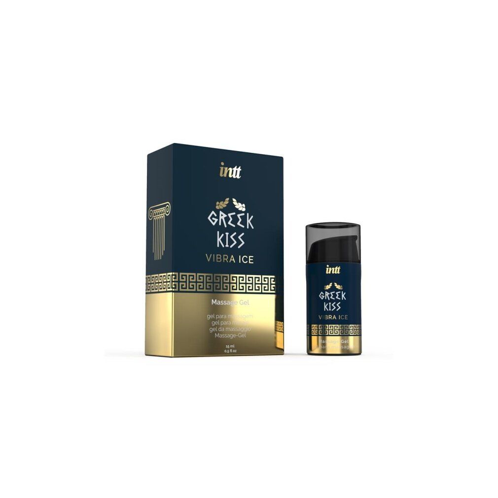 Confezione e flacone del gel da massaggio INTT Greek Kiss Vibra Ice.
