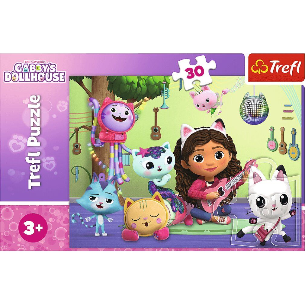 Puzzle Trefl, 30 pezzi. Motivo con Gabby e personaggi di gatti. Logo e raccomandazione di età 3+. Pezzi del puzzle e confezione.
