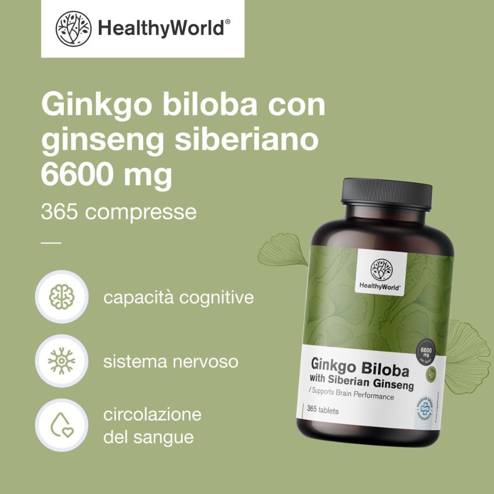 Flacone con testo: Ginkgo biloba con ginseng siberiano 6600 mg. 365 compresse. Marchio: HealthyWorld. Con icone.