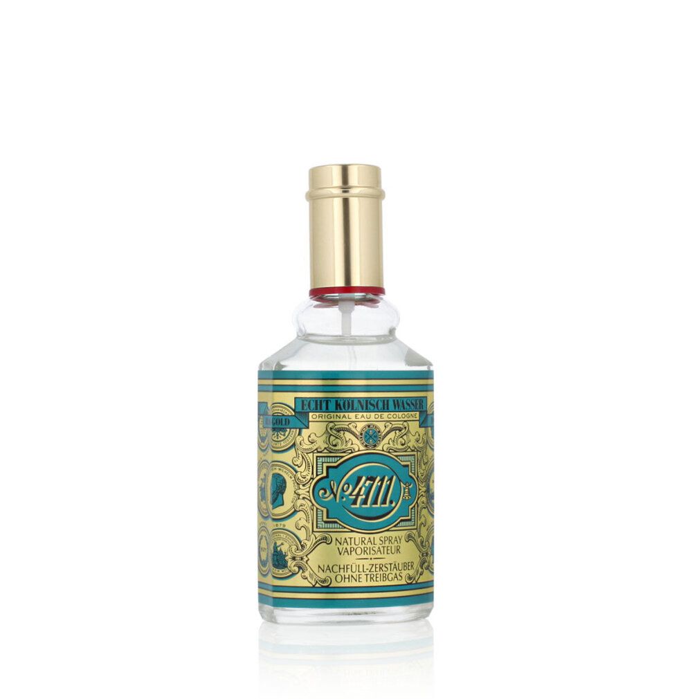 Flacone trasparente con tappo dorato. Etichetta turchese e dorata con scritta "4711 Echt Kölnisch Wasser".