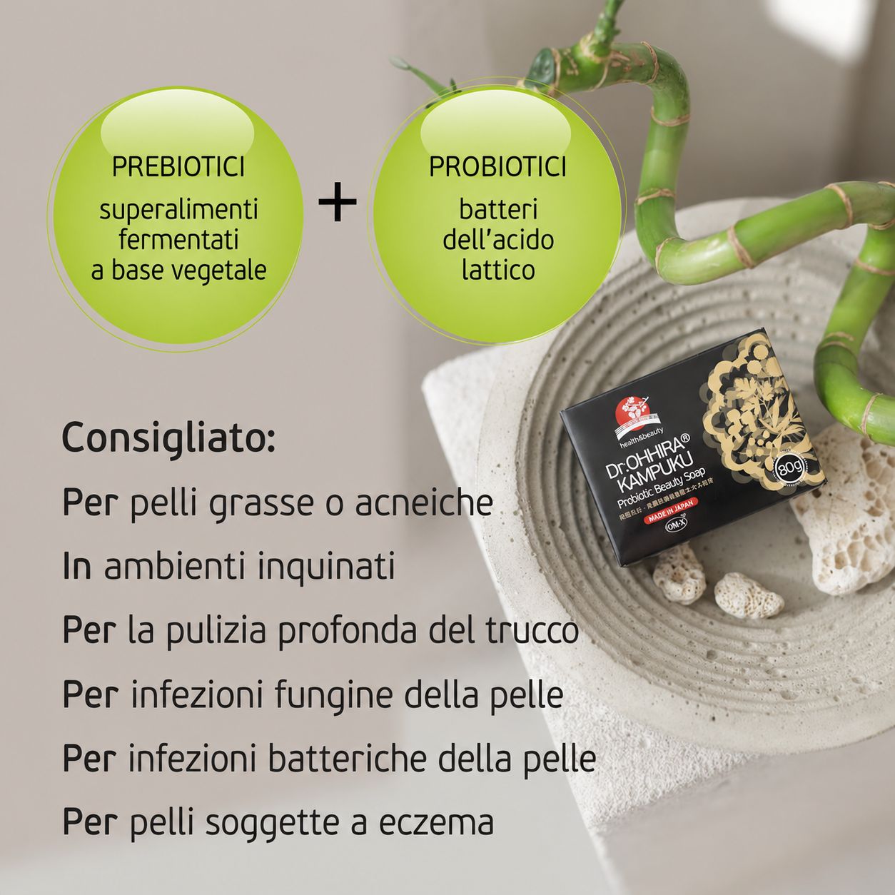 Sapone Dr. OHHIRA KAMPUKU su una pietra, adatto a tutti i tipi di pelle.