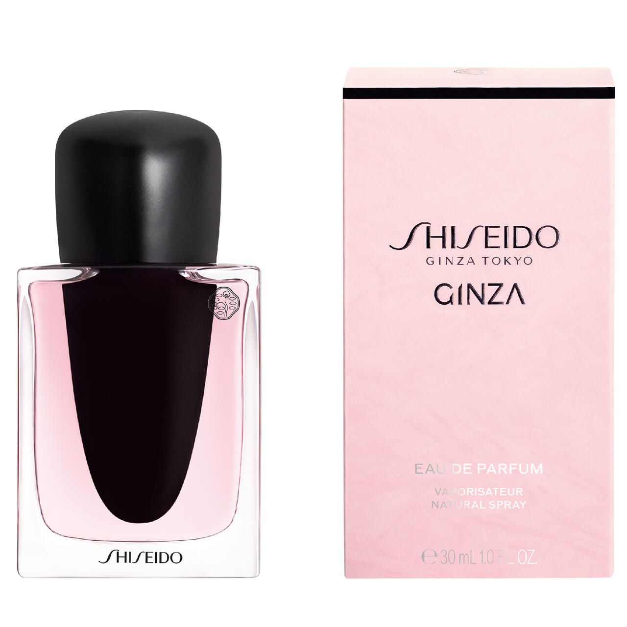 Flacone e confezione. Flacone rettangolare, liquido rosa, tappo nero. Confezione rosa, testo: "SHISEIDO GINZA TOKYO GINZA".