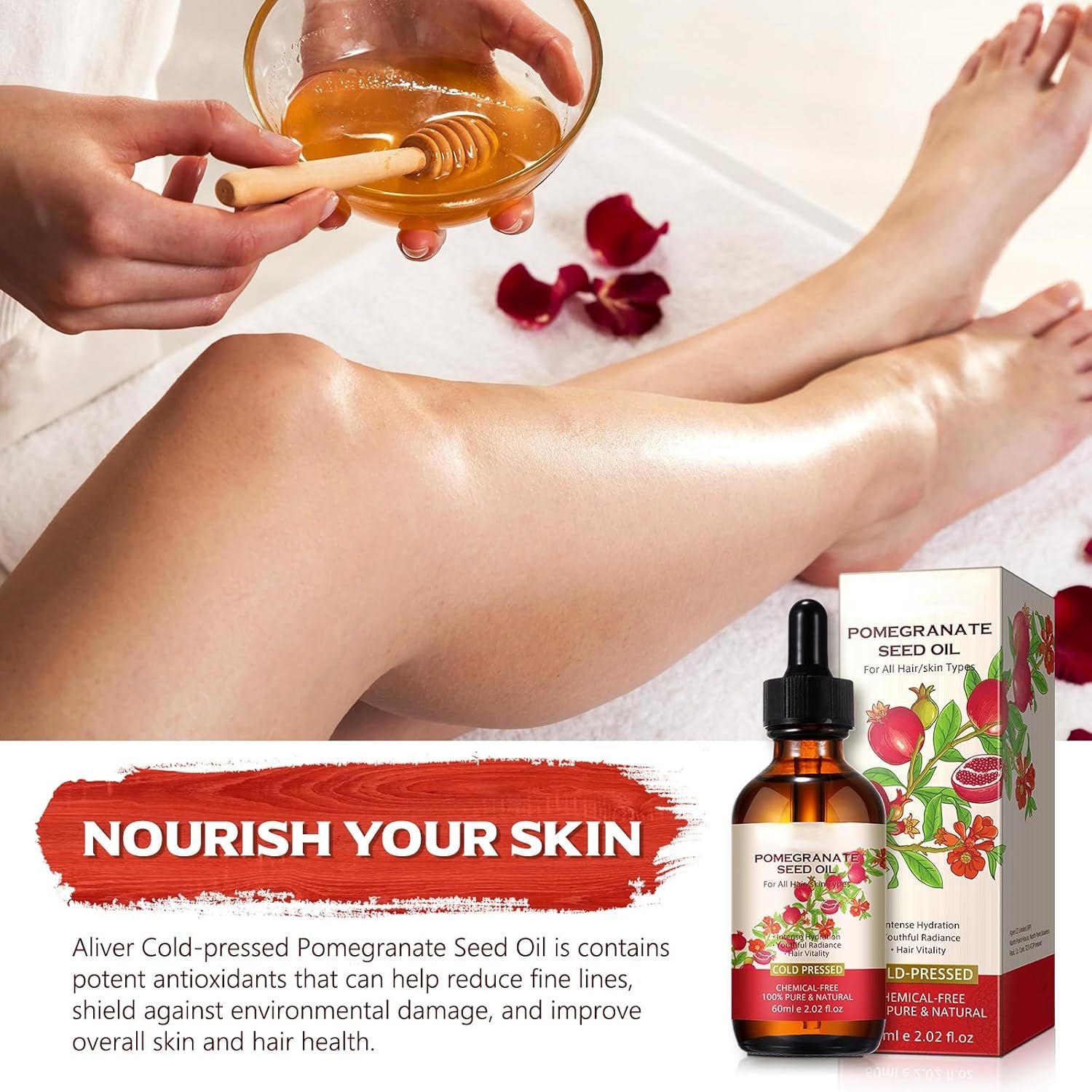 Gambe, pelle con olio. Flacone marrone con contagocce, olio di semi di melograno. Testo: Nourish Your Skin. Confezione.