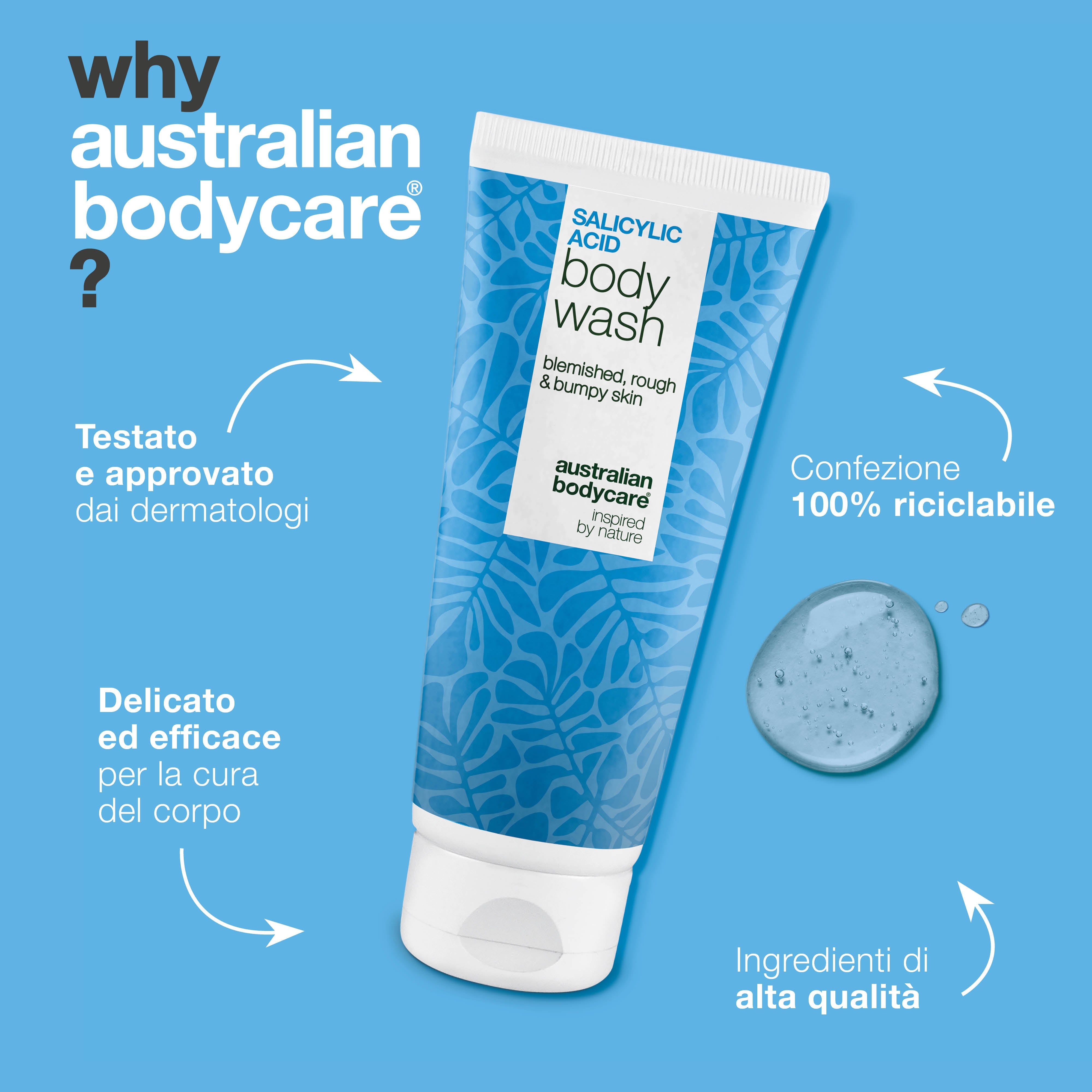 Tubo di bagnoschiuma all'acido salicilico. Testo: Testato da dermatologi, confezione riciclabile al 100%, ingredienti di alta qualità. Sfondo blu.