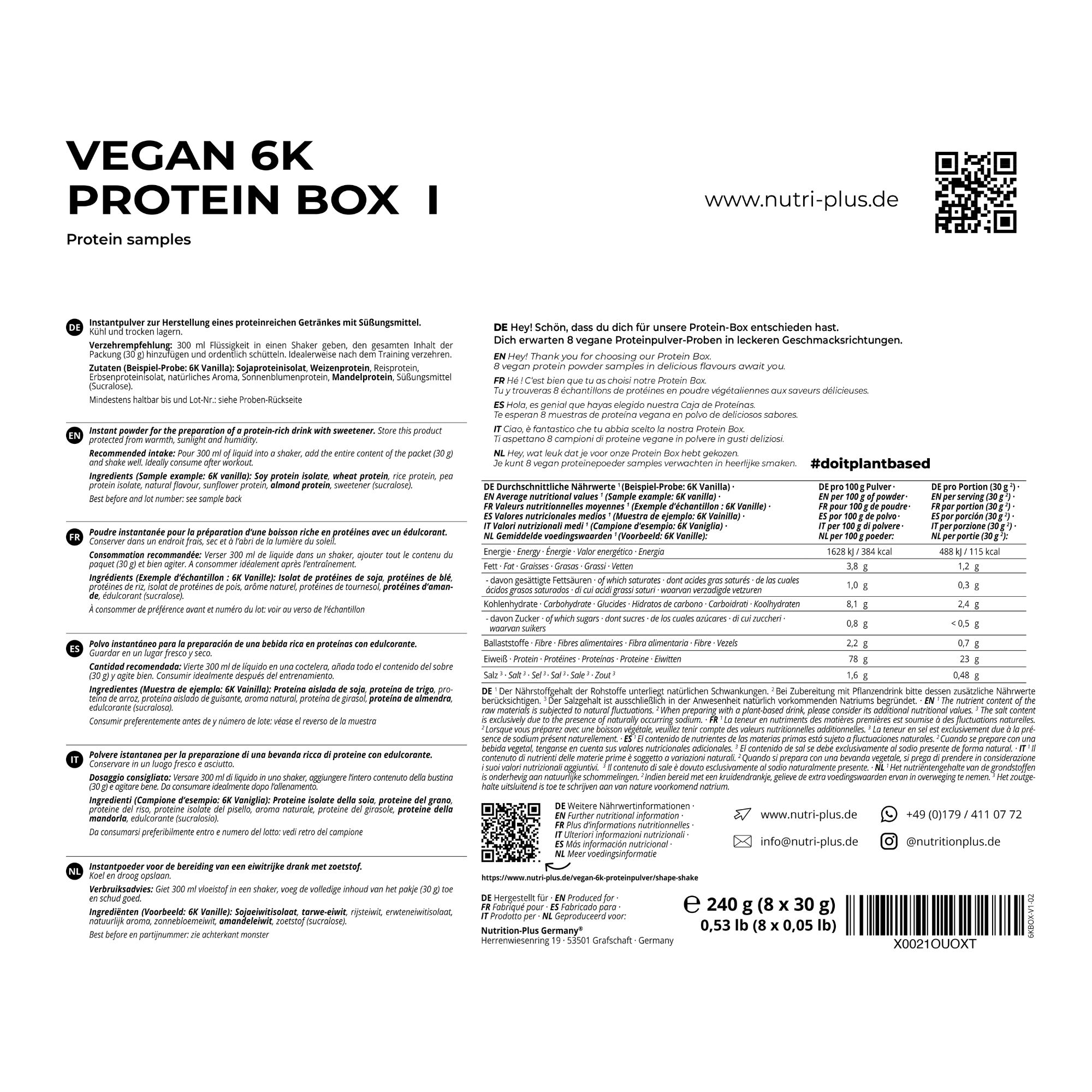 Confezione del prodotto con testo e informazioni nutrizionali. Testo: Vegan 6K Protein Box I, Protein samples, www.nutri-plus.de.