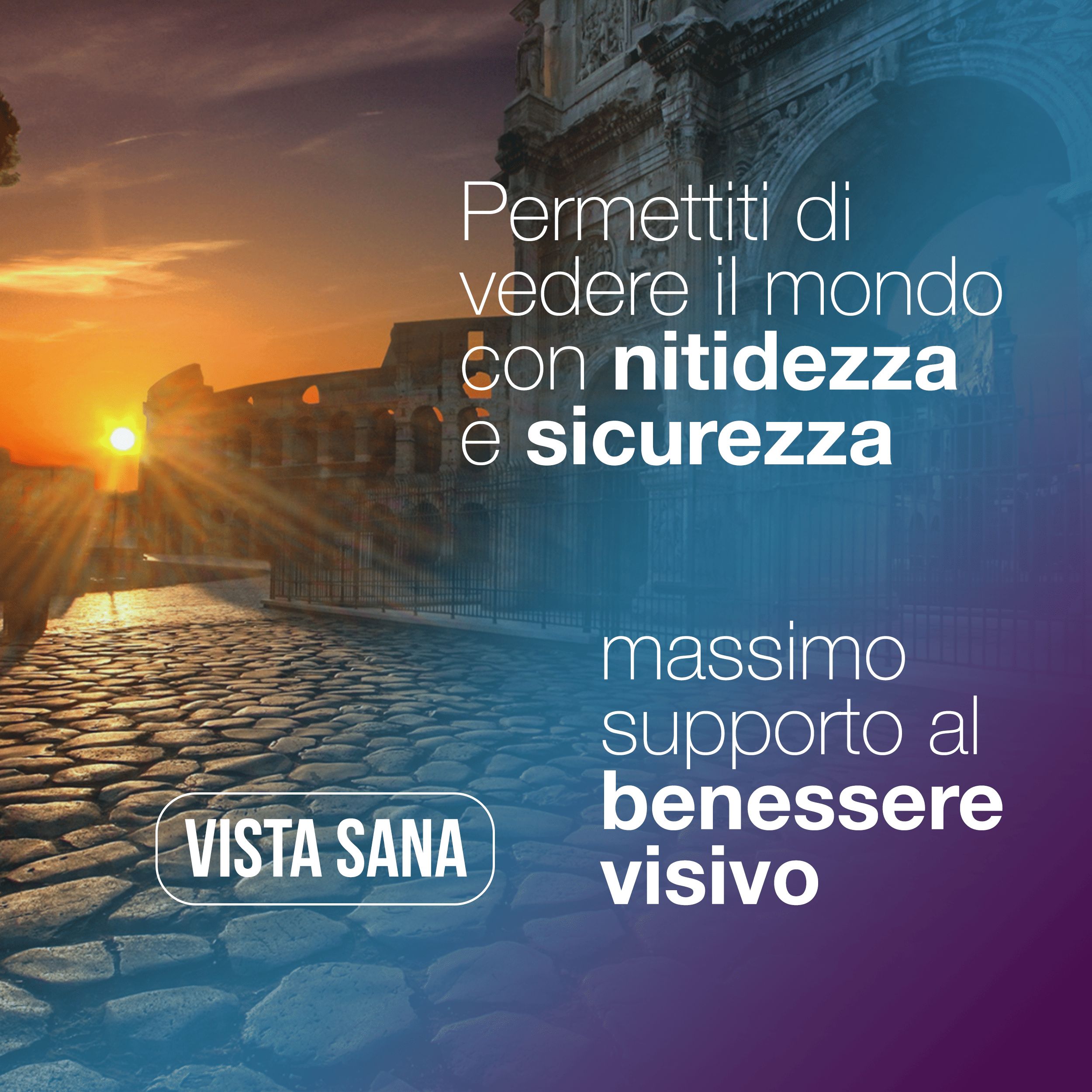 Testo su sfondo blu-viola: Permette di vedere il mondo con nitidezza e sicurezza. Massimo supporto al benessere visivo.