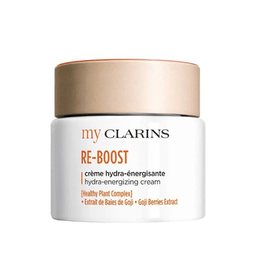 Vaso di crema bianco con coperchio beige. Scritta: my CLARINS RE-BOOST. Testo: crème hydra-énergisante.