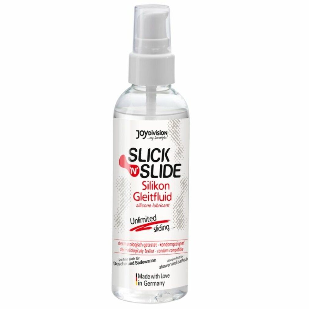 Flacone trasparente con vaporizzatore. Scritta: Slick'N'Slide Silikon Gleitfluid. Dermatologicamente testato. Per doccia e vasca.