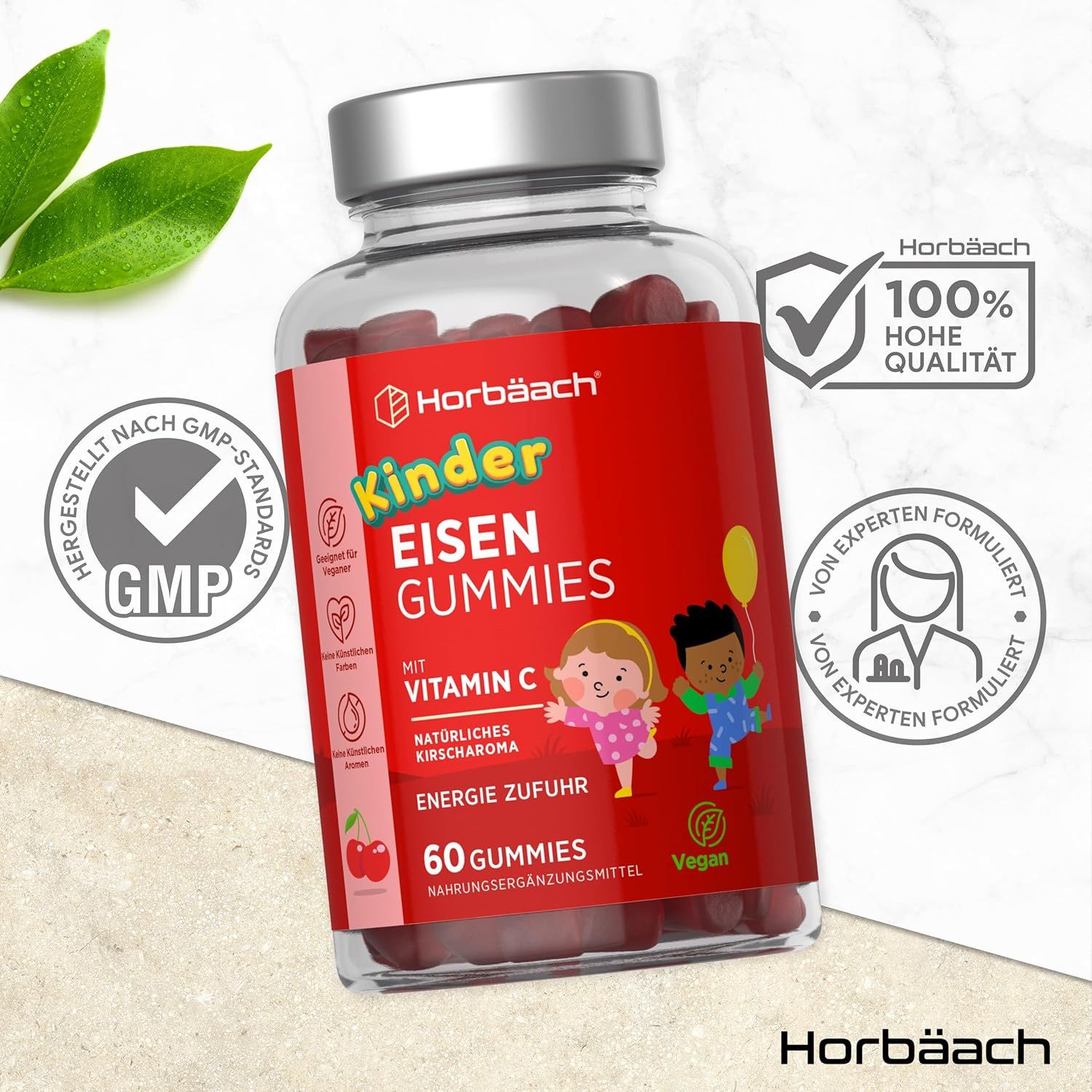 Barattolo di caramelle gommose "Kinder Eisen Gummies". Contiene 60 caramelle. Testo "Vitamin C".