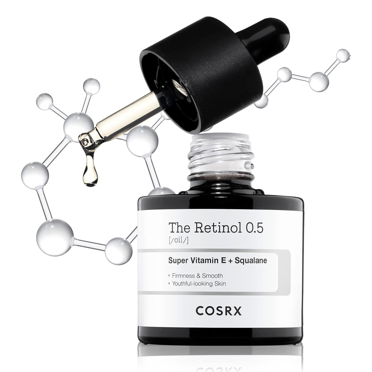 Flacone in vetro con contagocce. Scritta: The Retinol 0.5. Super Vitamina E + Squalane. Logo COSRX. Grafica molecolare.