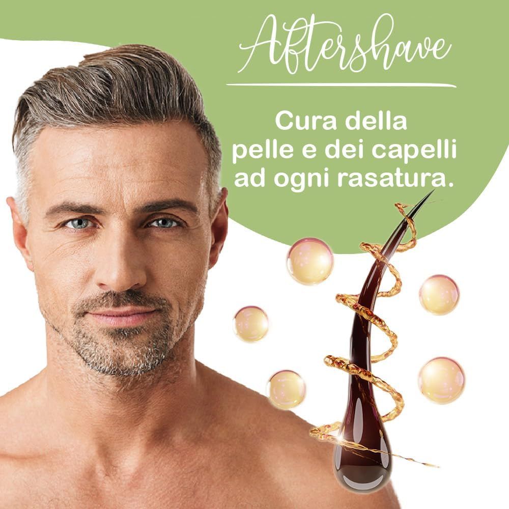 Uomo con prodotto dopobarba che promette cura della pelle e dei capelli dopo la rasatura.