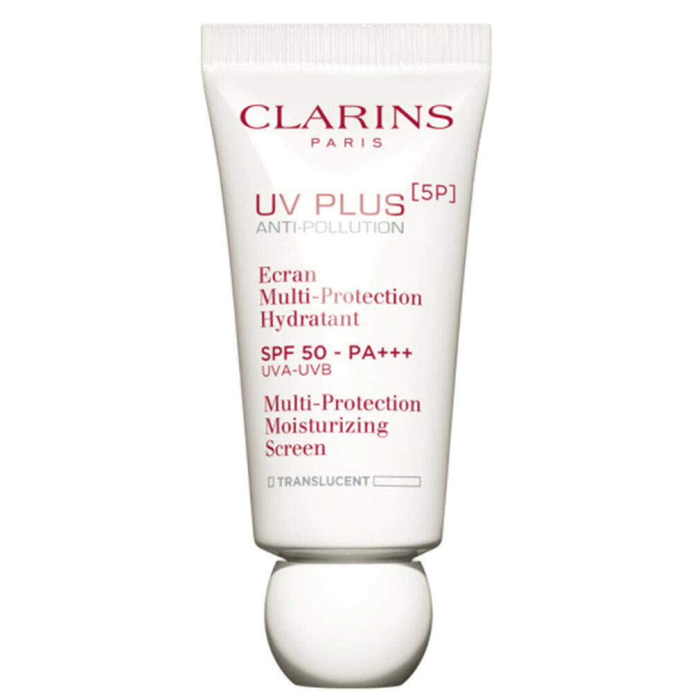 Tubo bianco con testo rosso. Prodotto: Clarins UV Plus [5P]. Scritto: Multi-Protection, SPF 50, UVA-UVB.