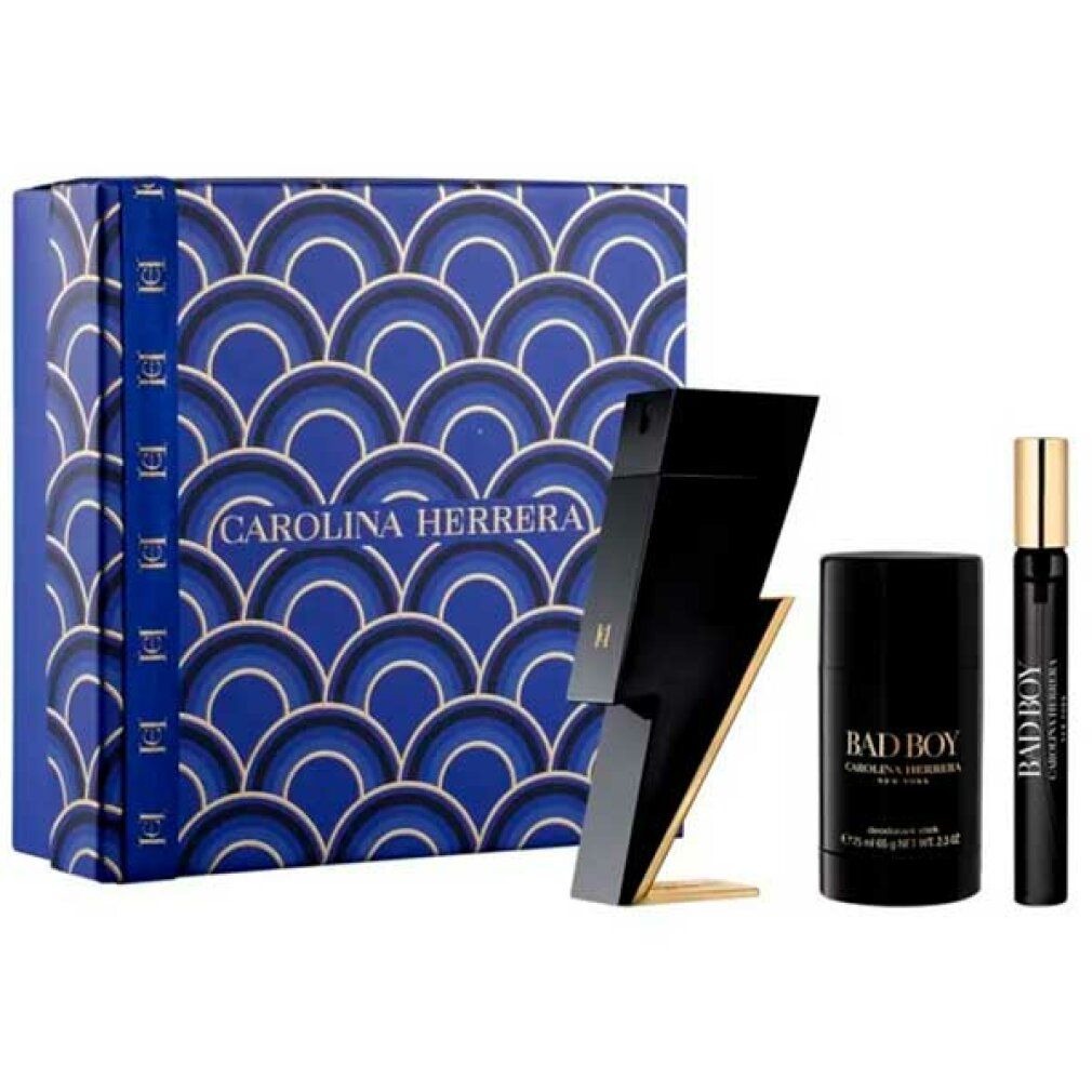 Set regalo con scatola blu, flacone di profumo a forma di fulmine, deodorante e vaporizzatore. Accenti neri e oro.