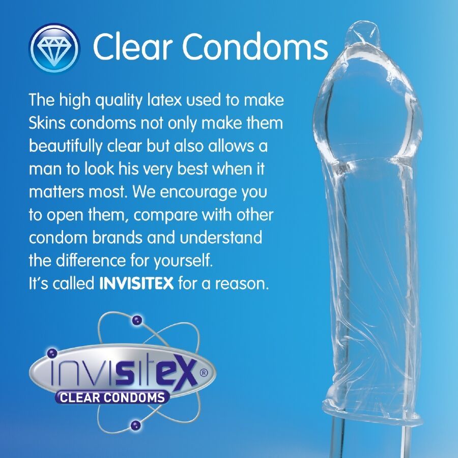 Preservativo trasparente su sfondo blu. Testo: Clear Condoms, Invisitex. Descrive le caratteristiche dei preservativi SKINS.