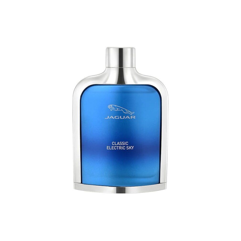 Flacone blu-turchese con tappo argentato. Scritta: Jaguar Classic Electric Sky.