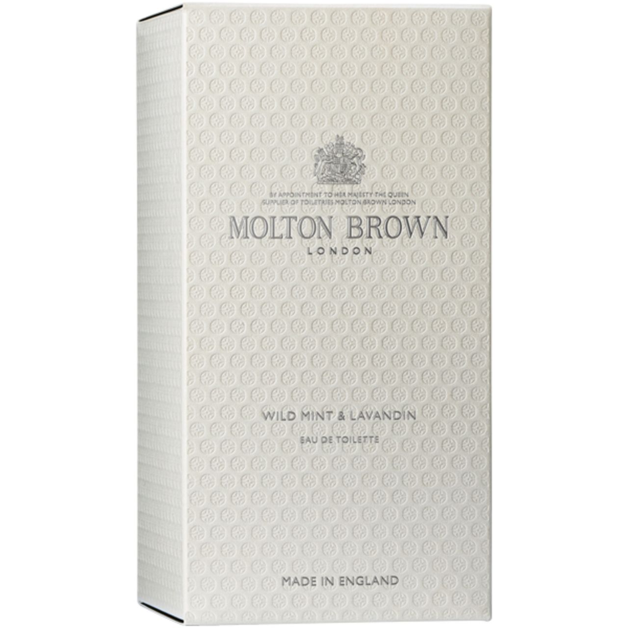 Scatola bianca con logo Molton Brown e testo: Wild Mint & Lavandin Eau de Toilette. Made in England.